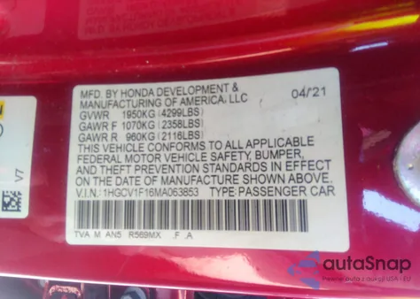 2021 Honda Accord Lx z USA, uszkodzony, nr VIN 1HGCV1F16MA063853